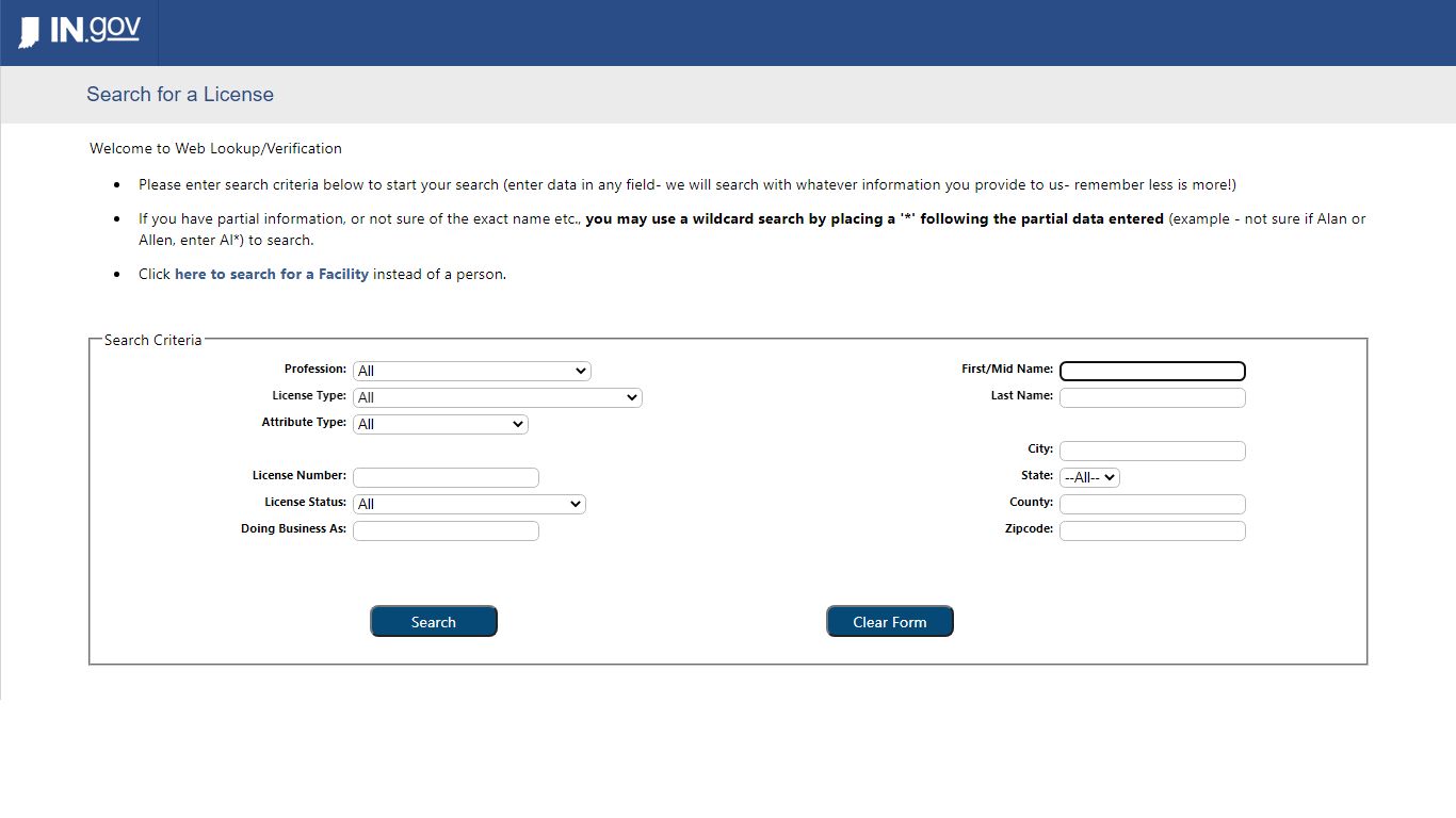 Welcome to Web Lookup/Verification - Indiana